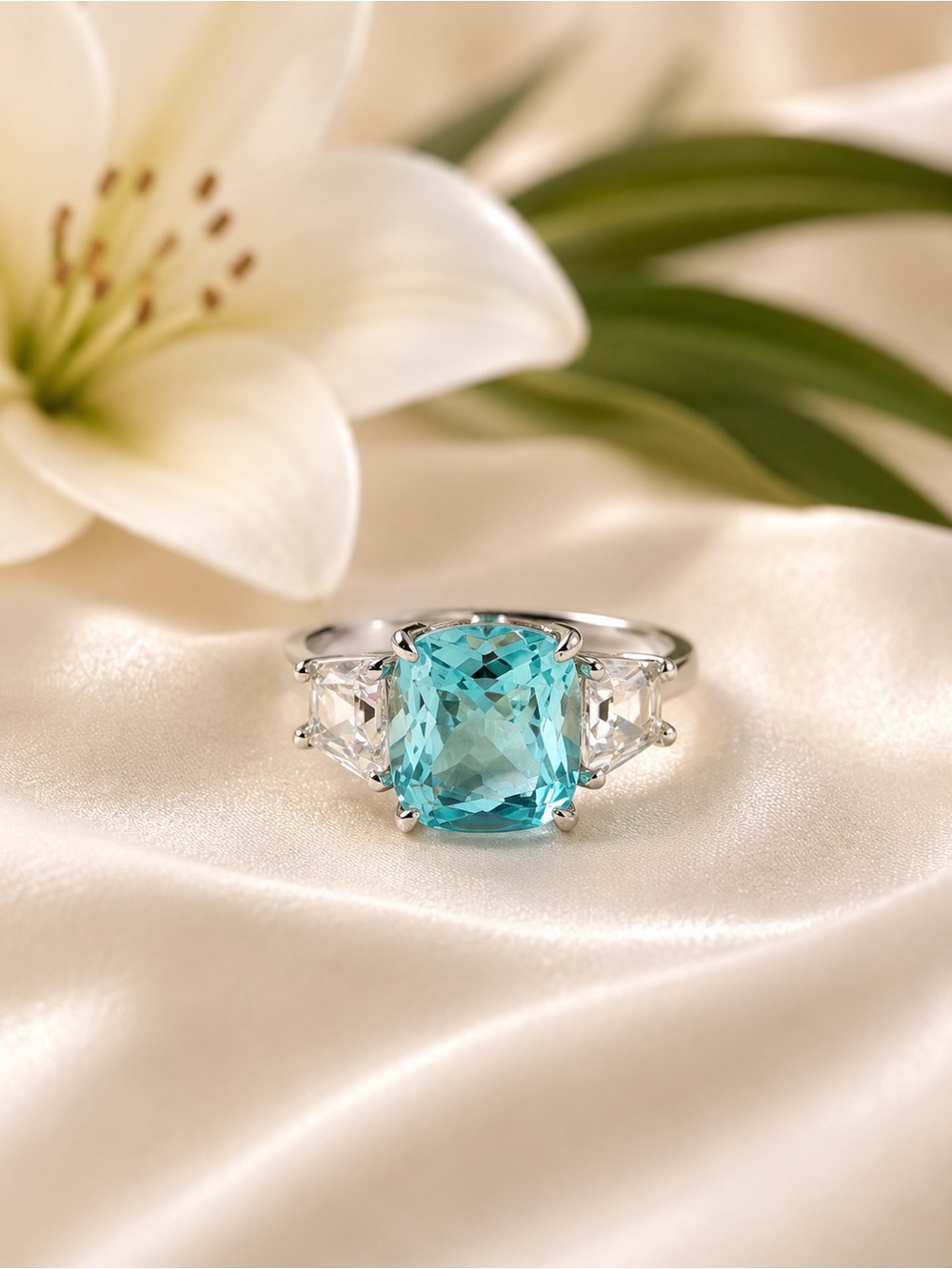 🇨🇦Canada Day Blowout Sale! Silver Tone Aqua Three-Stone Ring